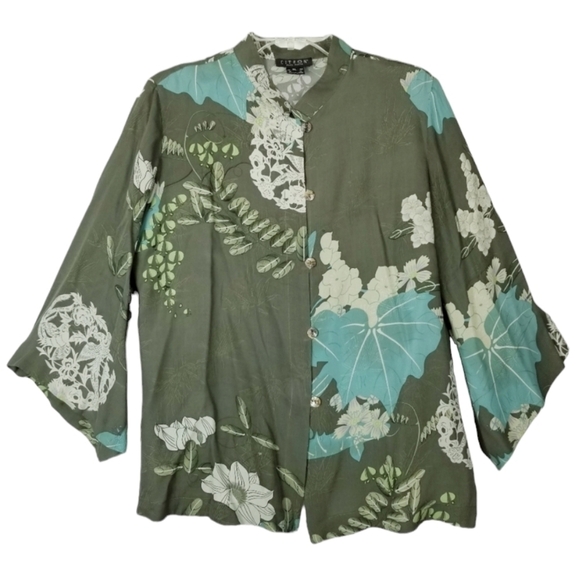 Citron Silk Button Jacket Top Blouse Floral Bell Sleeve Size LP Mandarin Collar - Picture 1 of 10